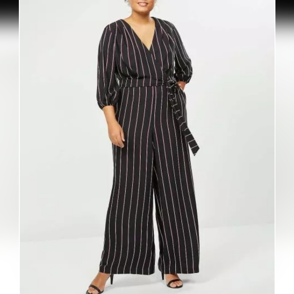 NWT Lane Bryant Striped Faux Wrap Wide Leg Jumpsuit, Size 16